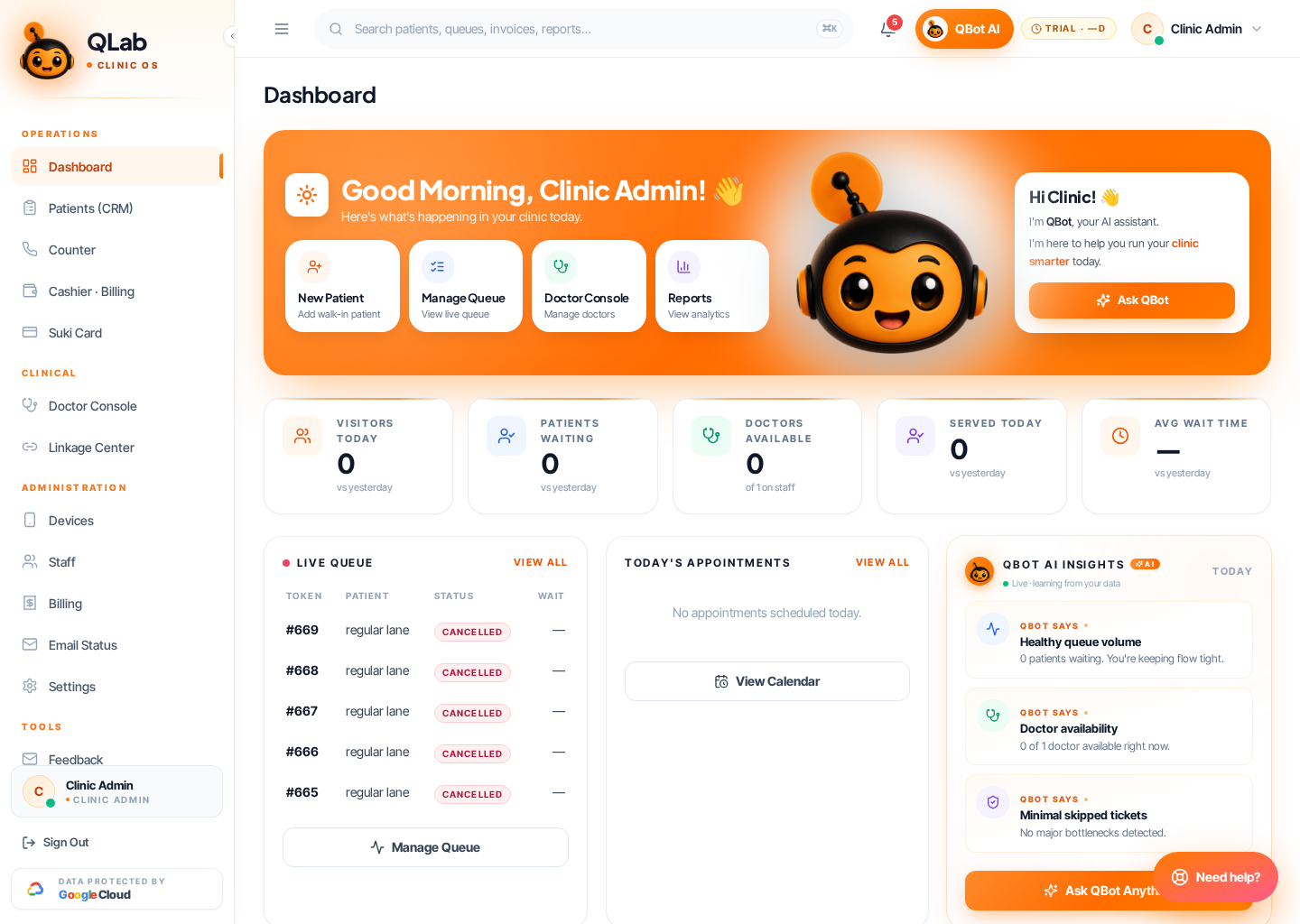 Clinic OS dashboard — patient queue, doctor consoles, daily KPIs
