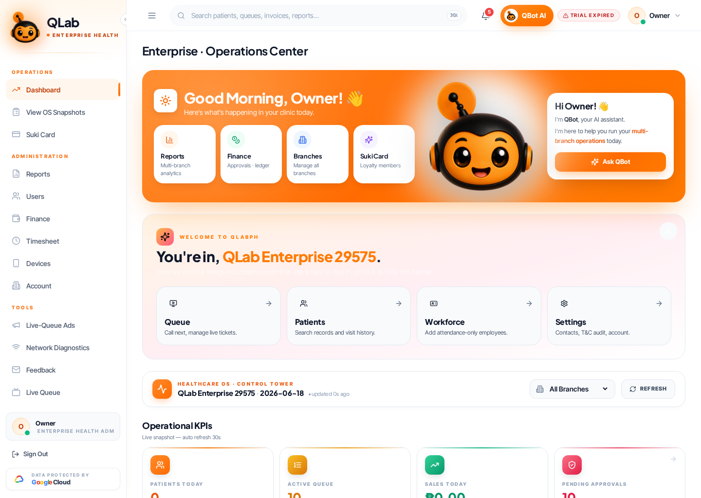 Enterprise OS dashboard — multi-branch rollup, finance, BI