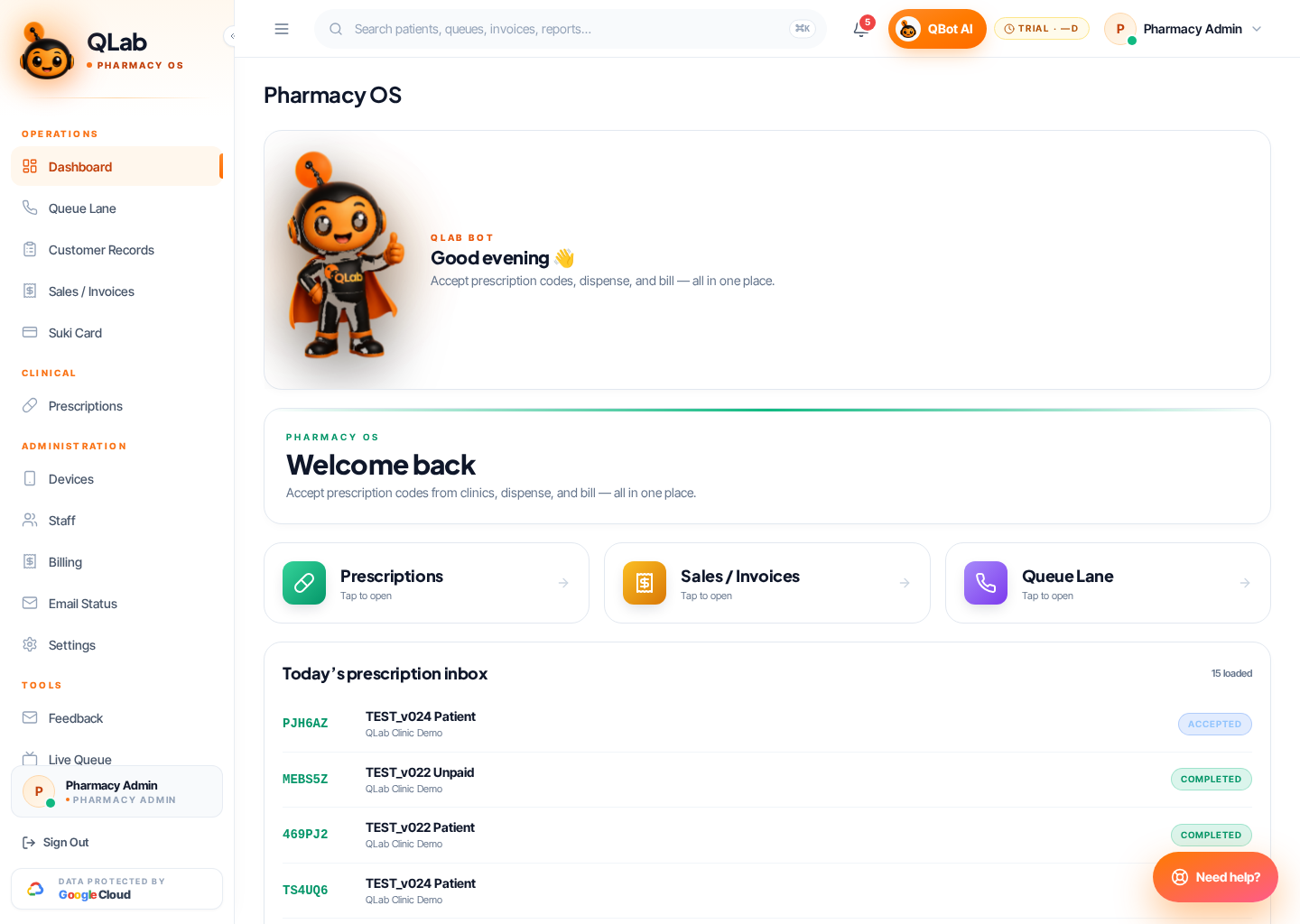 Pharmacy OS dashboard — prescriptions, inventory, fast lanes
