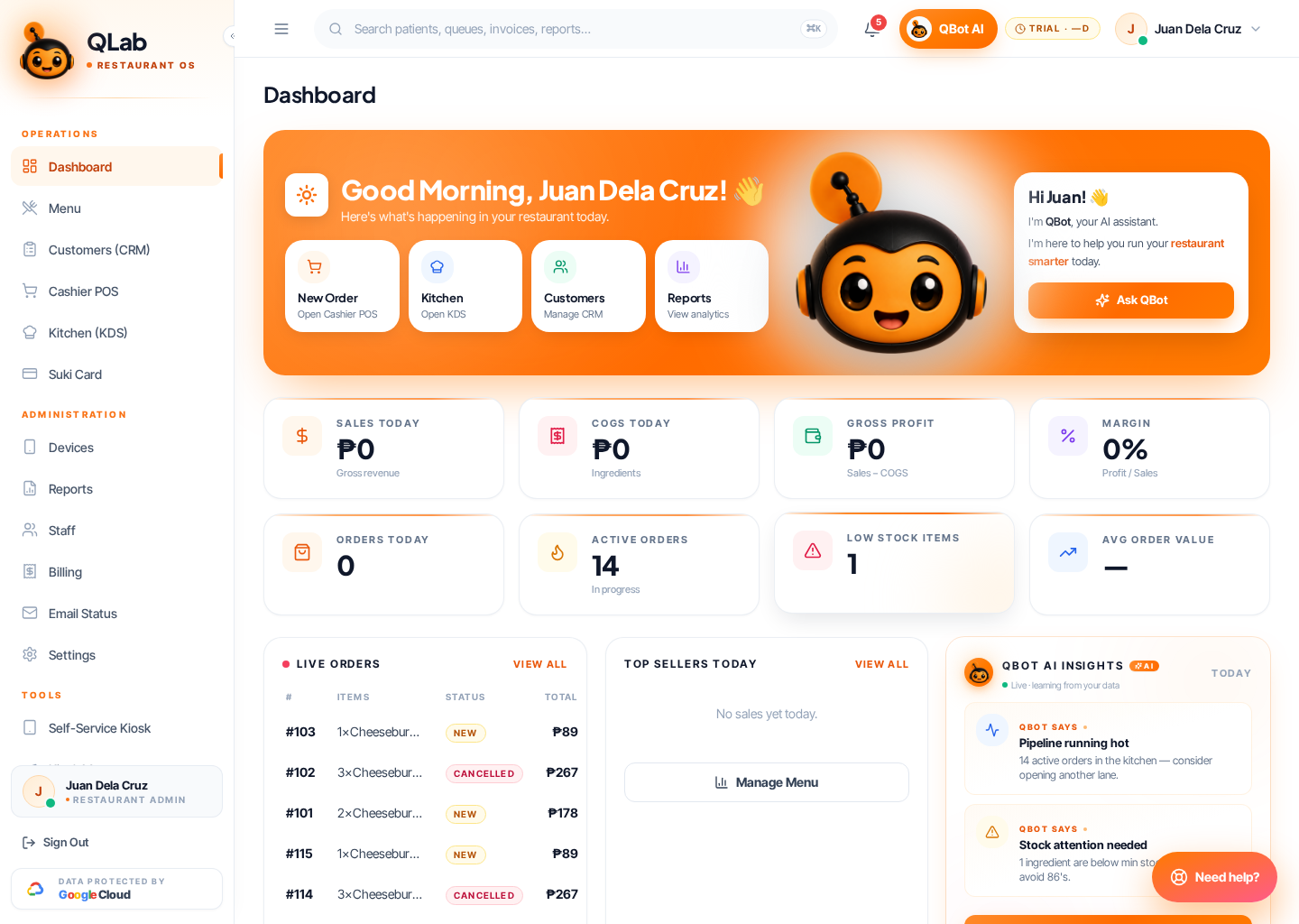 Restaurant OS dashboard — sales, KDS, top sellers, QBot AI insights