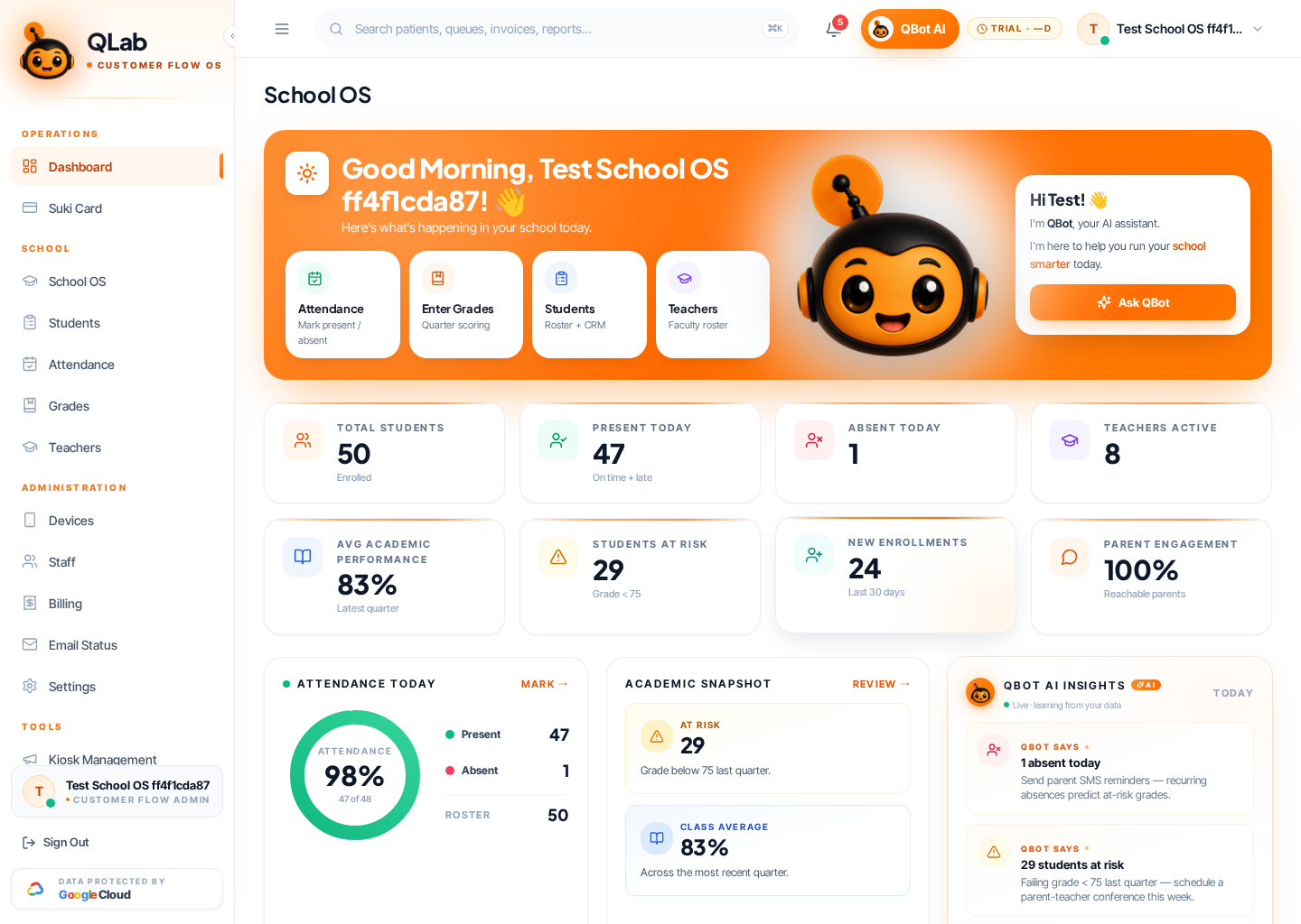 School OS dashboard — students, attendance, grades, QBot AI insights