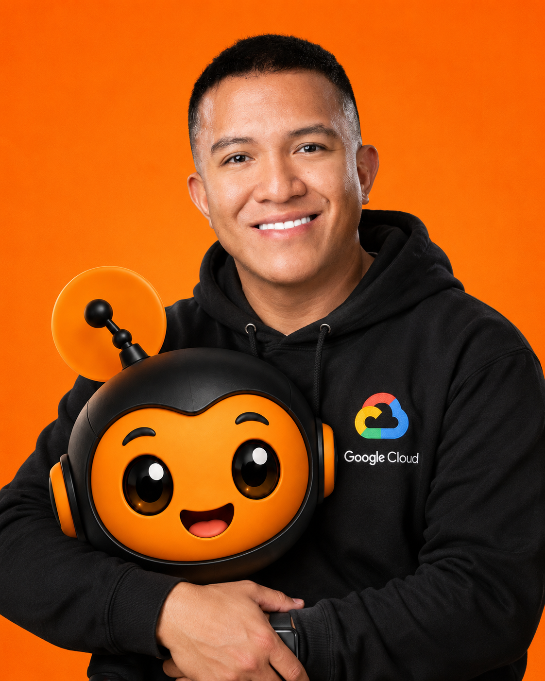 Alex Mabaquiao Jr., Founder & CEO of LeadX, with the QBot mascot